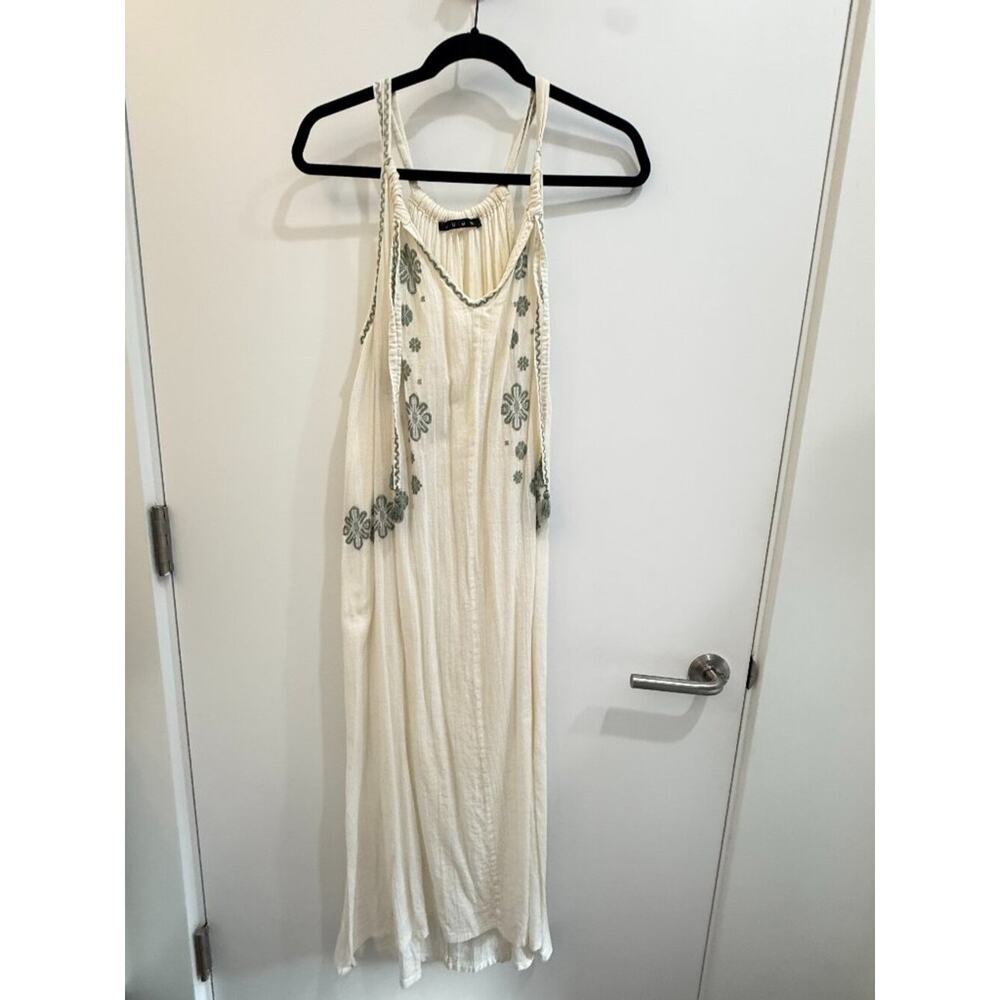 JUUN Cream Embroidered Floral Maxi Dress / Beach Cover Up with Tassel Details M